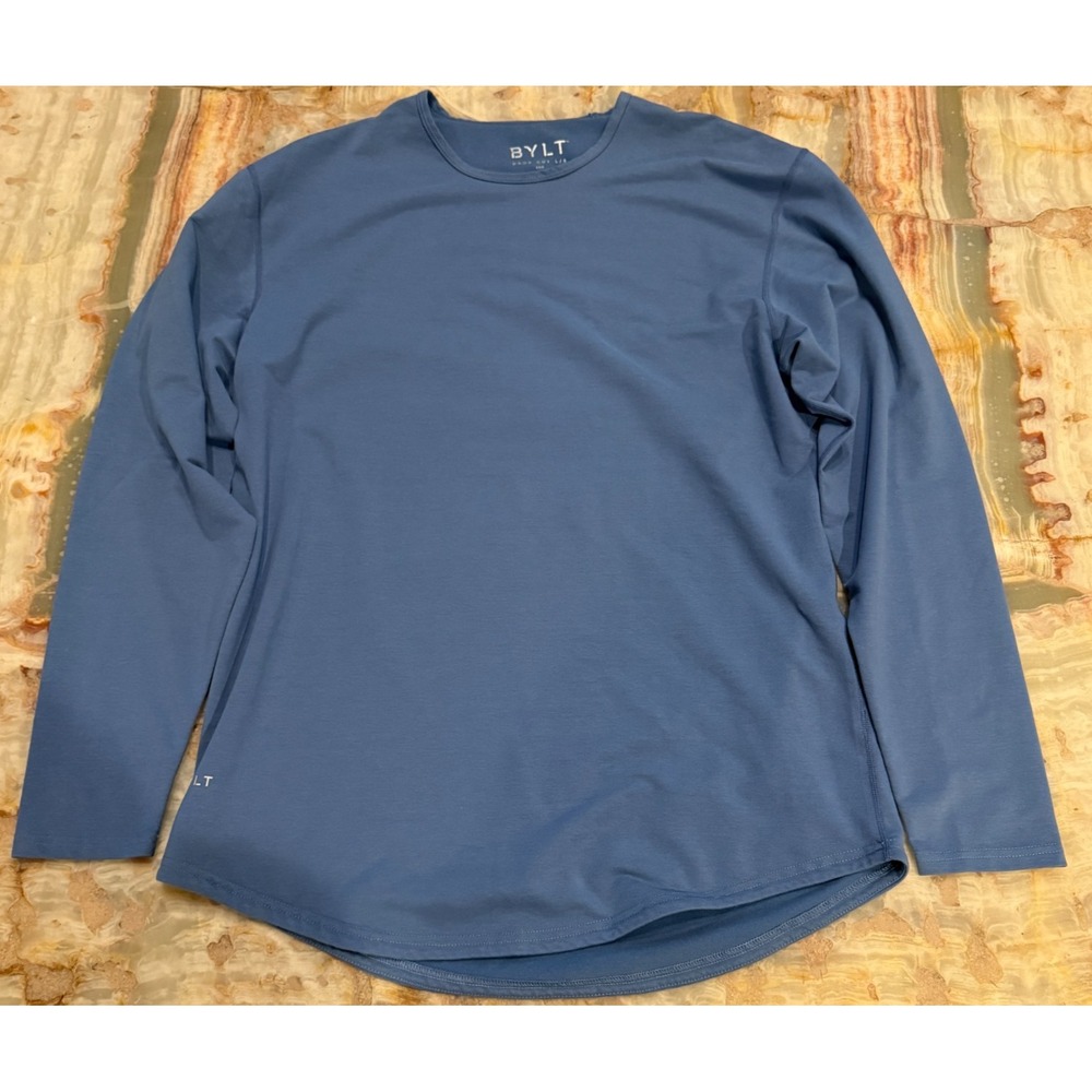 BYLT Basics Mens Drop-Cut Long Sleeve Shirt Atlantic Blue Stretch Large